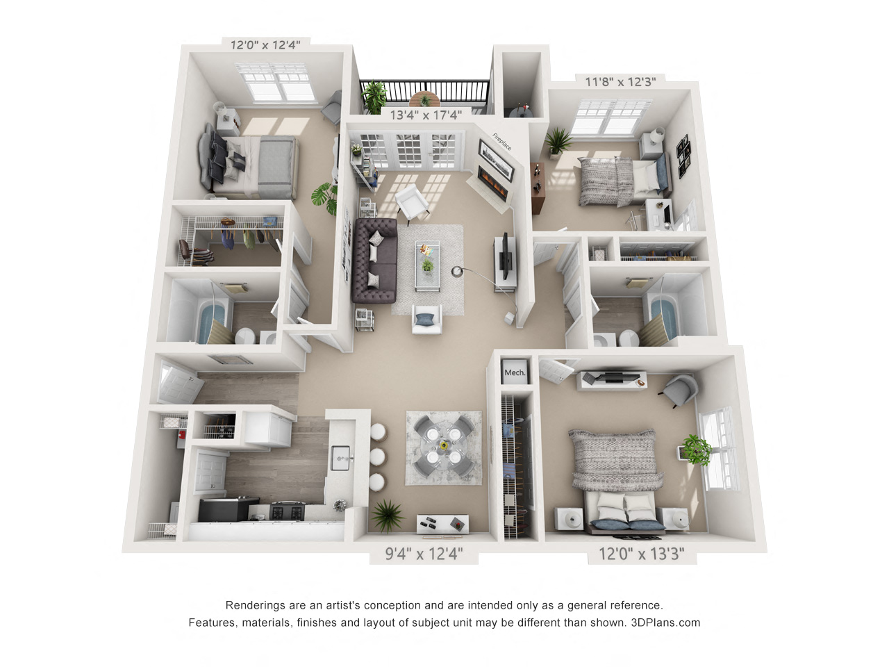 Floor plan for 3 beds, 2 baths, 1298 sqft